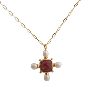 Collier pendentif en quartz rose naturel plaqué or - Collier ajustable avec croix en perle d'eau douce, bijoux pour elle - Product Image 1