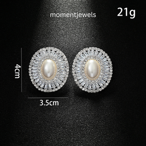 Boucles d'oreilles ovales à clip en perles, zircon et diamants, couleur or rose, bijoux rétro en laiton plaqué argent pour mariage et fête - Product Image 6
