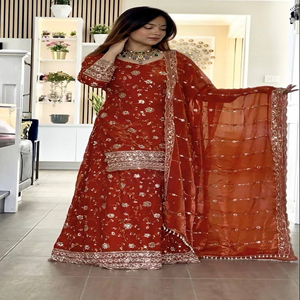 New Trending Orange Silk <b>Top</b>-Sharara Dupatta Set Embroidery <b>Sequins</b> Work Fully Stitched Ready Wear Diwali <b>Party</b> Premium Dress - Product Image 1