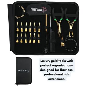 Kit professionnel d'extensions de cheveux dorées avec pince à extensions de cheveux en acier inoxydable de 5 pouces, pince à micro-anneaux et peigne à queue de cheveux - Product Image 5