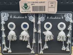 Indian <b>Silver</b> Plated Round Mirror Stud Jhumka Fashion <b>Earrings</b> Ghungroo Bell Kaan <b>Chain</b> Wholesale Set - Product Image 3