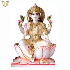 Escultura de Mármol de Laxmi Mata con Loto |   Murti de la Diosa Lakshmi de Cuatro Brazos Hecho a Mano |   MALIYAS Jaipur - Product Image 4