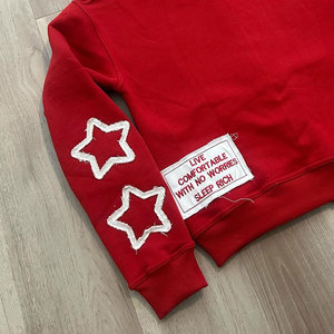 Sleep Rich <b>Red</b> Hooded <b>Sweatshirt</b> With White Stars Zipper Front Unisex Casual Knitted Cotton Autumn Wear - Product Image 6