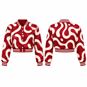 Chaqueta Varsity con Estampado Geométrico Rojo para Mujer, Chaqueta Corta Estilo Bomber, Manga Larga, Cuello Camisero, Relleno de Poliéster, Estilo Otoñal - Product Image 1