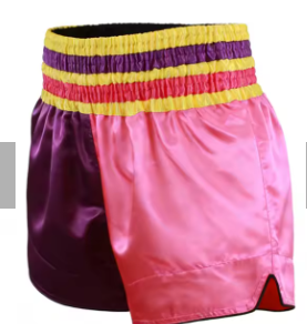 Shorts de boxe unisexe en polyester/coton imprimés par sublimation à blocs de couleur, rayures violettes, roses et jaunes, taille élastique, coupe ample - Product Image 2