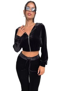 Custom Logo <b>Crop</b> <b>Top</b> 2 Piece Custom Rhinestone Logo Velvet Cropped Hoody Y2k Women's Sweatpants and Hoodie Set - Product Image 3