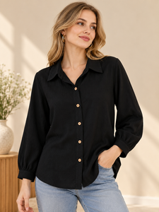 Chemise pour femme en rayonne noire unie à col ouvert, manches longues, coupe classique, décontractée et pour le bureau, tissu léger et respirant - Product Image 1
