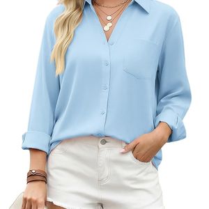 Maßgeschneiderte Damen Polyester-Chiffon Hellblaue Langarm-Bürobluse mit V-Ausschnitt, Knopfleiste und Präziser Verarbeitung - Product Image 3