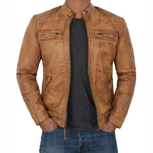 เสื้อแจ็คเก็ตหนังผู้ชายสไตล์คาเฟ่เรเซอร์ แบรนด์ Outfitize ดีไซน์แขนเสื้อลายทางย้อนยุค หนังแพะแท้ ทรงเข้ารูป สไตล์ไบค์เกอร์ - Product Image 3