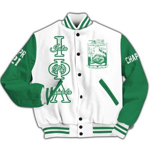 Veste universitaire personnalisée pour femmes Iota Phi Lambda, blanche et vert émeraude, avec lettres, écusson, numéro et année, veste bomber de sororité - Product Image 5