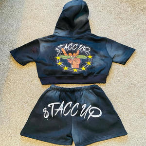 Conjunto de Sudadera Corta con Capucha y Bordado para Mujer, Estilo Acid Wash, con Cremallera y Pantalones Cortos con Cintura Fruncida - Product Image 3