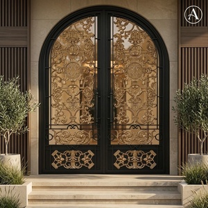 A rust-resistant, manually operated traditional wrought-iron double door set, featuring an arched design and intricate patterns. - Product Image 3