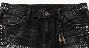 Men's Slim Dark Mid Waist Summer Ripped Denim Jeans Vintage <b>Boot</b> Cut Washed Cotton Lightweight Front Studded Streetwear <b>Pants</b> - Product Image 2
