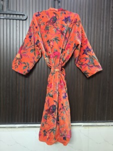 Orange Bird Print Velvet <b>Kimono</b> <b>Long</b> Sleeve Full Length Women's Robe Casual Soft Drawstring Closure - Product Image 3