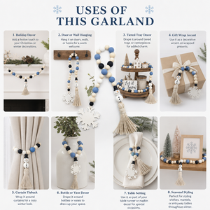 Guirlande de Noël artisanale DECORYUG avec bonhomme de neige en perles de bois et pompons en jute, décoration murale rustique d'hiver style ferme, idéale pour l'inauguration de la maison - Product Image 3