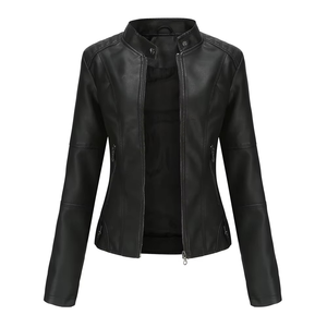 2026 New <b>Women's</b> <b>Brown</b> PU <b>Leather</b> Moto <b>Jacket</b> Full Sleeve Stand Collar Zipper Closure Solid Color Regular Length Autumn Wear - Product Image 3