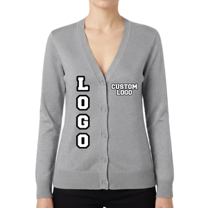 Custom logos Women Knit <b>Cardigan</b> Sweater V Neck Gray Solid Color Long Sleeve Button Front Embroidered Logo Greek Sorority - Product Image 3