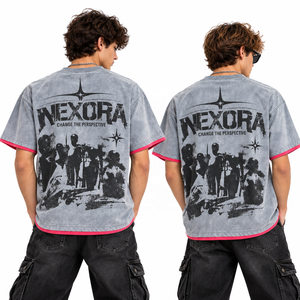 T-shirt en coton délavé surdimensionné pour homme Nexora, manches courtes, col rond, style streetwear, imprimé, bordure contrastée, jersey tricoté - Product Image 2