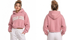 เสื้อฮู้ดครอปพิมพ์ลาย Fearless ทรงโอเวอร์ไซส์ ผ้าฟลีซสีชมพู ใส่ได้ทั้งชายหญิง สำหรับฤดูใบไม้ร่วง มีกระเป๋าด้านหน้า - Product Image 3