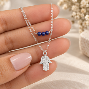 Collar de Lapislázuli con Colgante Hamsa de Dos Niveles – Joyería de Plata de Ley 925 con Colgante Mano de Fátima - Product Image 4
