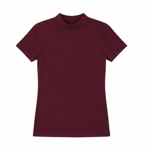 Camiseta de Manga Corta para Mujer, Color Borgoña, Cuello Redondo, Corte Moderno y Ajustado, Tejido de Punto Acanalado Suave, Jersey de Algodón, Personalizable - Product Image 6