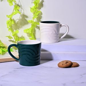 Green & White Wave Embossed <b>Ceramic</b> <b>Mug</b> Set of 6 Microwave Safe 200ml Glazed Stoneware <b>Mugs</b> - Product Image 2