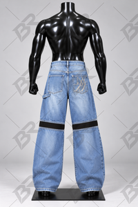 Jeans de Mezclilla para Hombre, Estilo Vintage, Transpirables, 100% Algodón, Lavado Claro, Corte Ancho y Holgado, con Banda Elástica Negra y Logotipo Frontal - Product Image 2