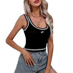 Wholesale Women Black Contrast Trim Knit Crop Top OEM Custom Sleeveless Scoop Neck Summer Casual Vest for Boutique women's shirt - Product Image 1