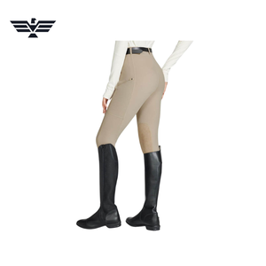 Women High Waist Beige Riding Pants Spandex Nylon Four-Way Stretch Elastic Waist Pockets Ankle-Length Knitted Solid - Product Image 3