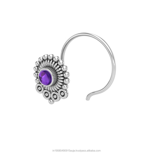 Pendiente de Nariz con Amatista Redonda en Plata de Ley 925, Estilo Indio, para Mujeres y Niñas - Product Image 2