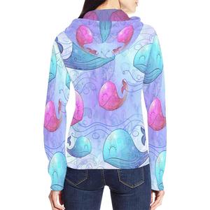 Women's Hooded Zip-Up Sweatshirt Cartoon Whale Print Full <b>Sleeve</b> Knitted Polyester Breathable Spring Wear - Product Image 3