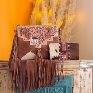 <b>Unique</b> Western Style Tooled Cowhide Fur 100% Genuine Leather Shoulder Sling Fringe Bags Animal Print Vintage Crossbody Sling Bag - Product Image 2