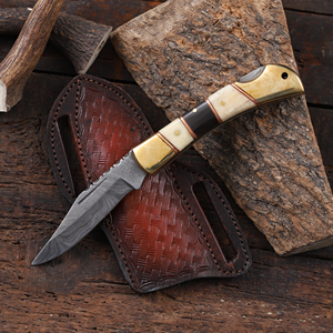 Damascus Steel Bevel Folding Utility <b>Knife</b> Pakka Wood <b>Handle</b> Leather Sheath ODM OEM Pocket EDC Hunting Camping Industrial Grade - Product Image 1