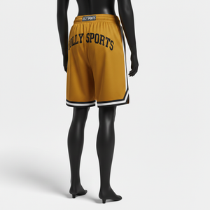 Short de basketball en maille polyester premium 180 GSM jaune moutarde avec patch chenille et bordure rayée tissée - Product Image 5