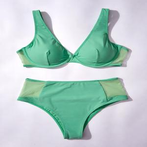 <b>Womens</b> <b>High</b>-<b>Waist</b> Microfiber <b>Bikini</b> Swimsuit V-Neckline Underwire Soft Stretch Lace Panels Quick-Dry Anti-UV Eco-Friendly Front - Product Image 4