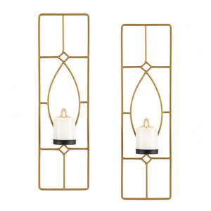 Juego de 2 candelabros de pared de metal dorado con diseño geométrico, portavelas colgantes de hierro para decoración de sala de estar - Product Image 1