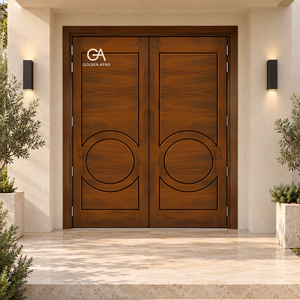 Porte d'entrée double à feuilles battantes en bois massif moderne GA-41L, design à rainures circulaires pour villa, qualité supérieure, directement de l'usine - Product Image 6