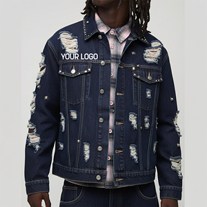 Veste en jean déchirée et vieillie pour homme, style streetwear, fermeture boutonnée, 100% coton, coupe classique, couleur unie, lavable, pour l'automne - Product Image 1