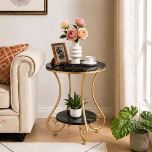 Table basse moderne et durable avec plateau en marbre et structure métallique, gain de place, étagère de rangement, diamètre 16, hauteur 20, pour salon - Product Image 1