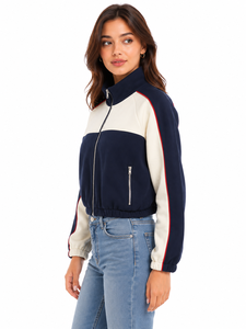 Premium <b>Women's</b> Color Block Cropped Bomber <b>Jacket</b> Full Zip Casual Sweatshirt <b>Jacket</b> Navy Blue White Contrast Lightweight Fashion - Product Image 2