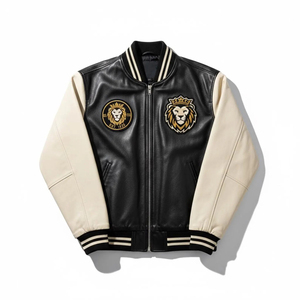 Men's Brown Genuine Leather Bomber Jacket Stand Collar Zipper Closure Windproof Breathable Casual Winter High Street Style Front - Product Image 3