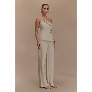 Haut corset asymétrique sans bretelles avec peplum et pantalon large, ensemble deux pièces en champagne - Product Image 1
