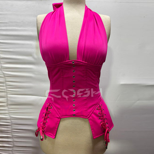 Top Corsé Premium Rosa Fucsia con Cuello Halter, Faja Reductora con Varillas de Acero y Detalle de Cordones - Bustier de Moda Personalizado OEM para Mujer - Product Image 1