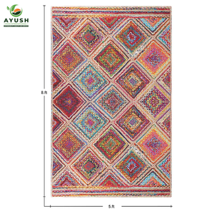 Alfombra de yute con estampado geométrico e incorporación de tela de algodón, revestimiento decorativo para el suelo de la sala de estar y el dormitorio. - Product Image 2