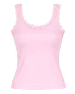 Camisola de Algodón Personalizada para Mujer, Color Rosa Bebé, con Ribete de Encaje, Corte Ajustado, Sin Mangas, Estilo Casual de Verano, Suave, Transpirable y Básico - Product Image 1