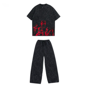 280 GSM French Terry T Shirt Pant Set Washed Black Red Screen Print Custom Chenille Logo Wear 2 Pieces Sets men's - Product Image 1