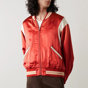 Blouson aviateur unisexe en satin rouge, coupe classique, fermeture éclair, vêtement décontracté pour l'automne, en polyester satiné avec poche latérale - Product Image 5