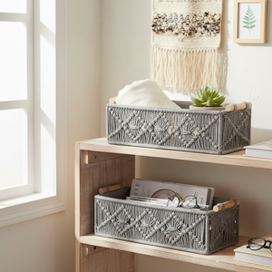 Grey Macramé <b>Storage</b> <b>Basket</b> Handmade Cotton <b>Rope</b> Woven Eco-Friendly & Stackable Home Décor Organizer for Living Room & Bedroom - Product Image 6
