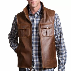 Men's Plus Size <b>Brown</b> Leather Look <b>Vest</b> Workwear Style Stand Collar Zipper Closure With Pockets Outerwear Autumn Casual - Product Image 1