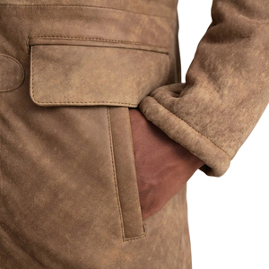 <b>Men's</b> Brown Genuine Leather Shearling Toggle <b>Coat</b> Thick Winter <b>Hooded</b> Long Parka - Product Image 5